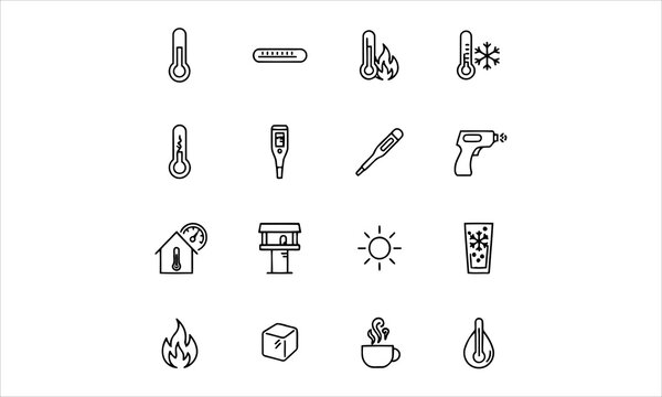 Set outline icons related to temperature, thermometer. Linear icon collection. Editable stroke. Vector illustration