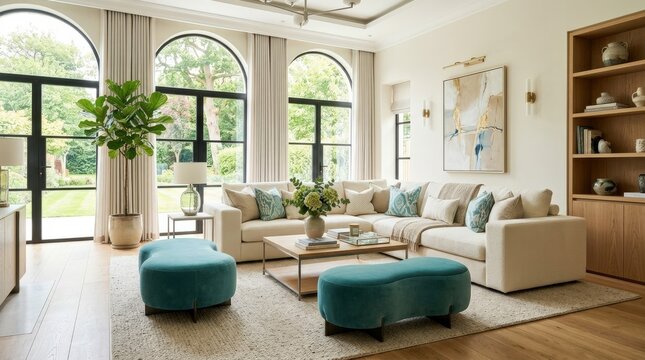 Bright contemporary living room with cream modular sofas, sculptural teal ottomans and tall arched windows, premium interior photography, ivory, beige and turquoise palette, abundant natural daylight,