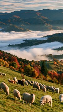 a serene countryside scene during autumn. A flock of sheep graze on a lush green meadow, surrounded by vibrant fall foliage in shades of red, orange, and yellow.
