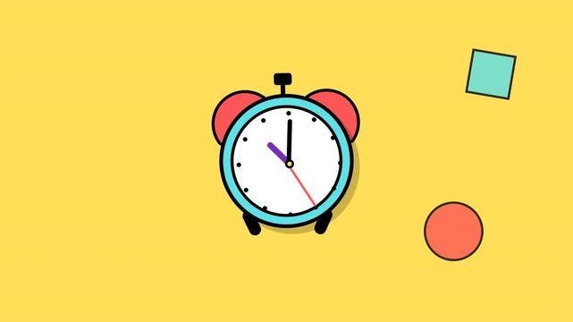 A vibrant, high-contrast Memphis design alarm clock with squash-and-stretch ringing effects and floating geometric background elements.