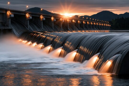 Hydroelectric dam with rushing water spillway at dramatic sunset