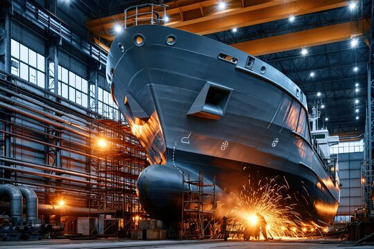 Shipbuilding shipyard heavy industry welding sparks industrial scene
