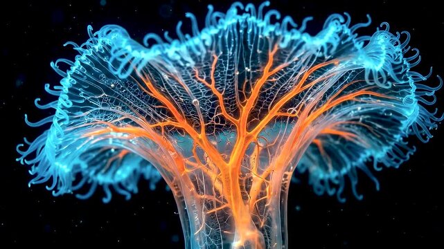 Macro close-up of a glowing translucent glass trumpet anemone, bioluminescent neon blue frills and glowing orange veins, abstract deep sea marine life and alien fantasy nature concept