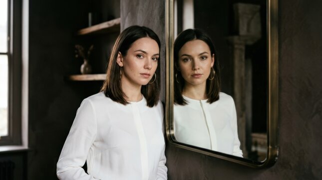 Young woman standing beside a mirror so her face appears twice in close symmetry, premium beauty and fashion portrait, white blouse, sleek dark hair, large hoop earrings, deep muted background, soft