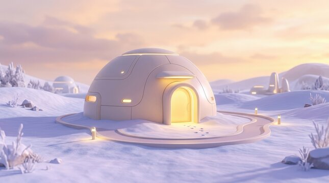 Minimal futuristic igloo-like dome in a pastel snowy landscape, surreal 3D illustration with lavender shadows, pale peach sky and soft yellow glowing doorway, smooth rounded forms, dreamy diffuse