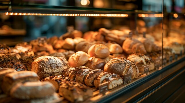 a bakery display case filled with various baked goods. The main subject is a collection of freshly baked breads and pastries, each with a unique texture and color. The breads range in size and shape.