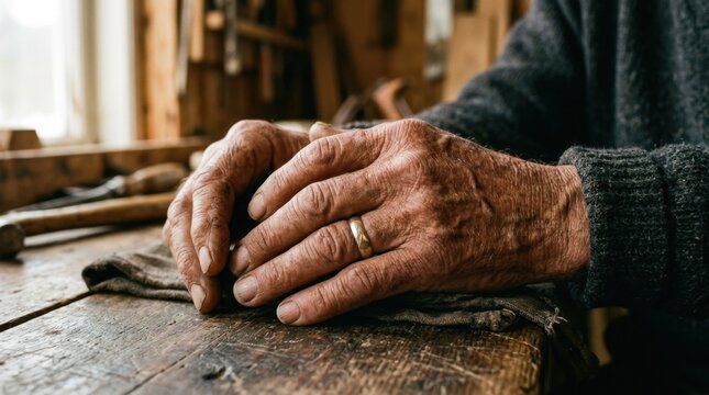 Close-up of Elderly Hands Working on Woodcraft, Skilled Artisan at Wooden Workshop, Detailed View, Indoor Lifestyle Setting