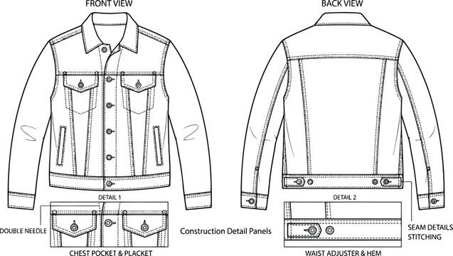 Technical flat sketch of a classic denim jacket with front and back views showing construction details and stitching for fashion design and apparel manufacturing