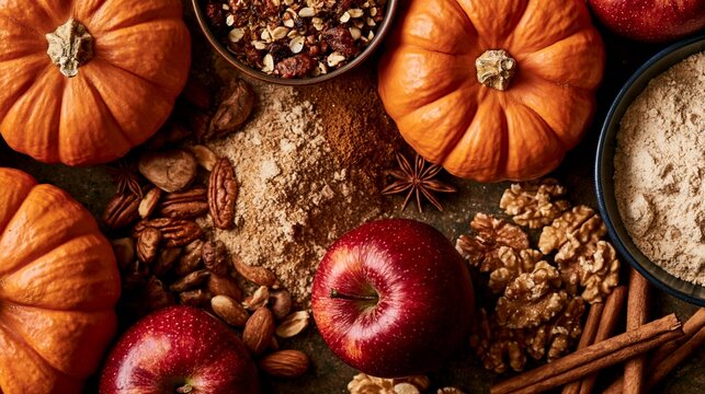 a rustic kitchen countertop displays a collection of autumnal ingredients pumpkins, apples, nuts, cinnamon sticks, and a bowl of granola. The pumpkins are orange, the apples are red.