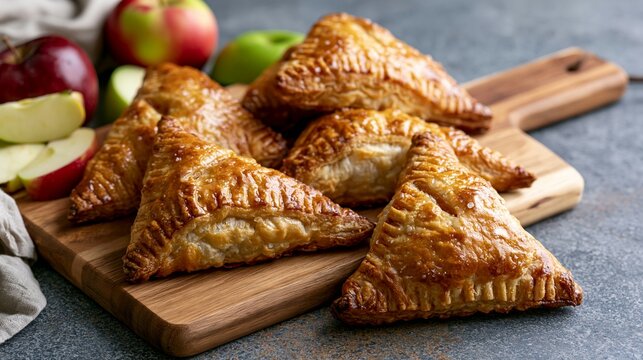 a wooden cutting board. The goldenbrown pastries have a flaky, buttery crust and are filled with a mixture of apples and cheese. The apples are red and green, and the cheese is melted and bubbly.