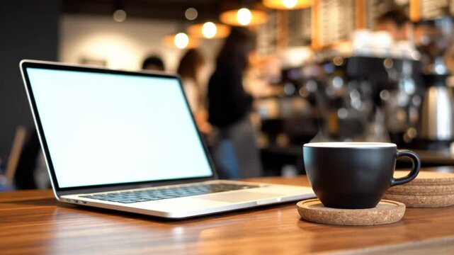 Laptop and steaming coffee cup sit on a cafe table with people blurred in the background, a moment of work