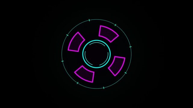 Futuristic circular interface element with neon pink and cyan glowing segments on black background.