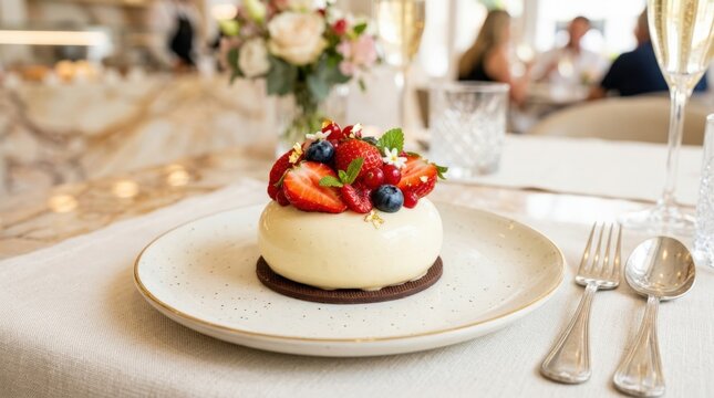 Elegant white dessert topped with strawberries, blueberries and glossy fruit arranged on a pale plate, premium food photography, bright red blue and cream palette, high-key illumination, appetizing