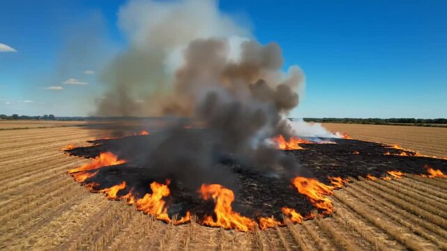 Burning field aerial view of a controlled burn or wildfire with thick smoke billowing into the clear blue sky above