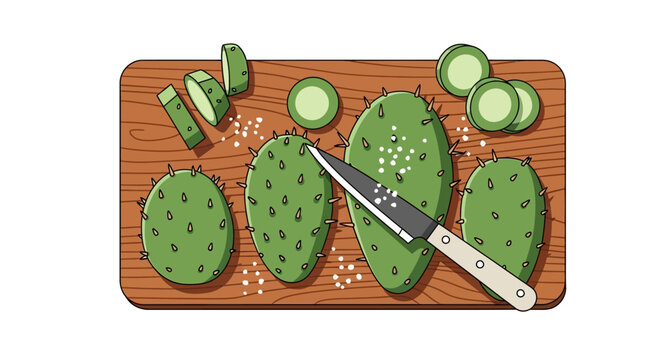 Vector illustration of prickly pear cactus pads prepared on a wooden cutting board with kitchen knife