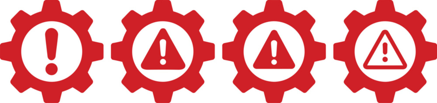 System error icons, technical problem symbols representing malfunction, troubleshooting, failure, warning, repair and software issues for digital systems and applications.