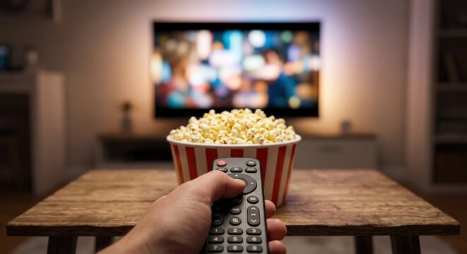 Watching tv with remote control and popcorn bowl in cozy living room