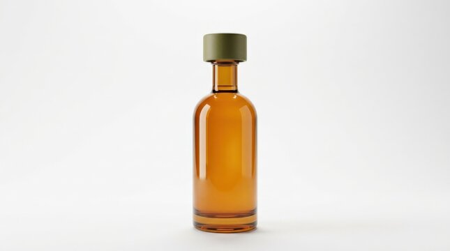 Tall rounded amber cosmetic bottle with a broad olive-green cap on a seamless white background, luxury product photography, rich honey, dark brown and muted green palette, glossy transparent glass,