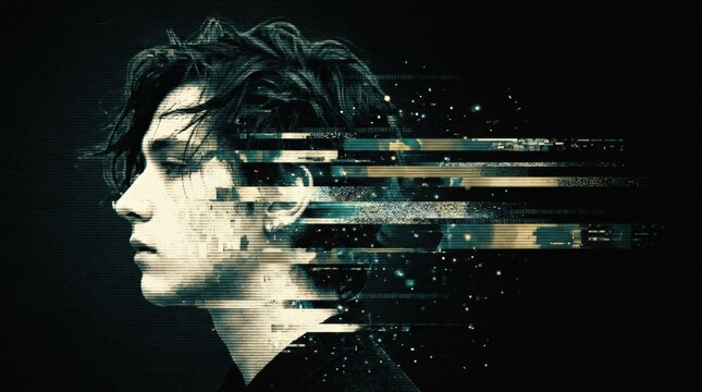 Human profile dissolving into horizontal digital glitch bands on a black background, experimental cyberpunk art, pale cream face fragments with muted teal and gold distortion, strong negative space,