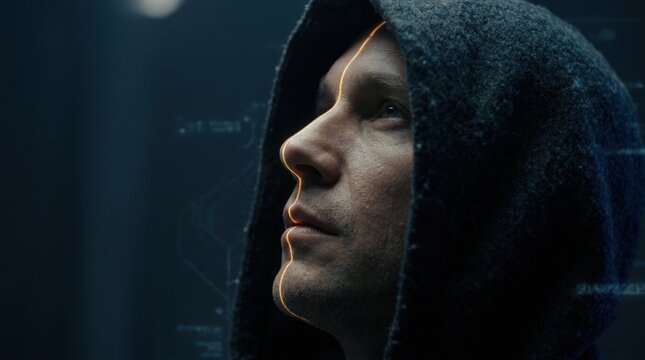 Hooded person looking upward as a golden line of light traces the forehead, nose and lips, dramatic side-profile portrait, deep blue shadows, realistic skin texture, sculptural highlights, spiritual