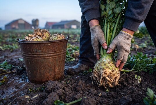 Farmer harvesting fresh celery root and celeriac vegetables on farm field