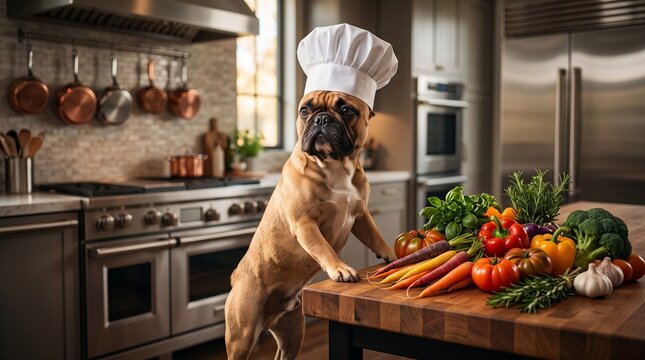 Cute Fawn French Bulldog Chef Wearing White Hat Standing at Kitchen Island with Fresh Vegetables
