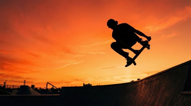 Skateboarder silhouette crouching into a dynamic trick against a vivid orange-red gradient sky, low-angle commercial sports photography, graphic black figure, energetic diagonal posture, broad