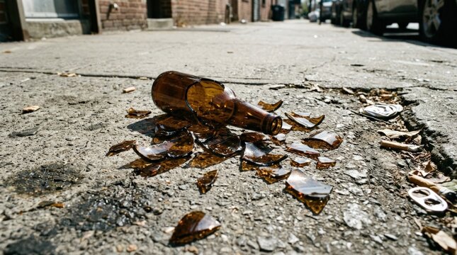 Shattered amber glass bottle with sharp broken fragments scattered on pavement, realistic litter and safety hazard photography, warm brown translucent glass, hard sunlight, crisp reflections and