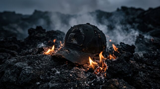 Charred black baseball cap resting on dark volcanic-looking ground while small orange flames burn around it, dramatic product concept photography, nearly black palette with fiery amber highlights,