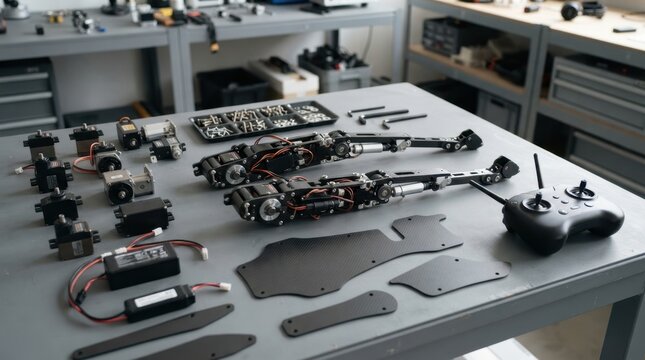 Robot horse prototype kit with articulated leg modules, titanium screws, servo motors, carbon-fiber panels, controller and battery pack