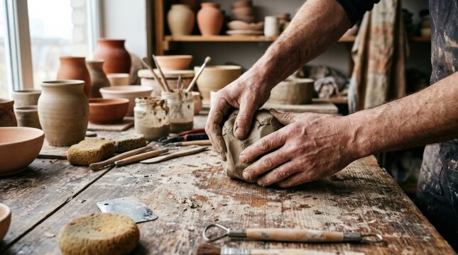 Hands pressing and shaping a rough lump of natural clay on a heavily used wooden pottery table, close-up ceramics craft photography, unfinished vessels and sculpting tools surrounding the workspace,