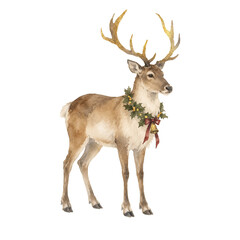 Watercolor Christmas reindeer with golden, festive holly and bell details, hand painted deer illustration isolated on transparent background for elegant holiday designs © Julia