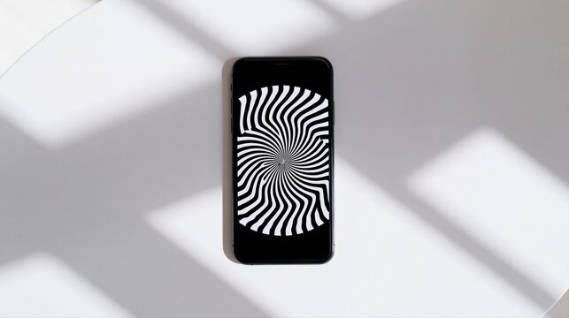 Black phone with hypnotizing spiral pattern screen light shadows