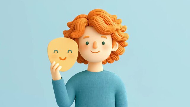 Young animated character with red hair hiding his true feelings behind a smiling mask, representing concepts like emotional state, mental health, imposter syndrome, and psychological wellness