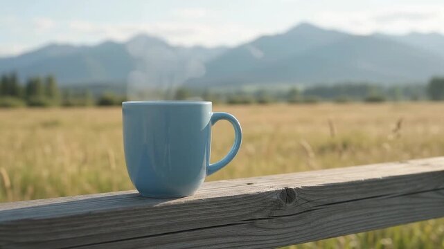 Smooth pastel blue ceramic mug on a weathered wooden fence rail overlooking a golden meadow and hazy mountains in peaceful morning light.