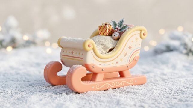 Cropped pastel toy sleigh resting on a frosty white surface, minimalist Christmas 3D illustration, chunky peach runners supporting a rounded cream and yellow body, smooth soft-plastic texture, pale