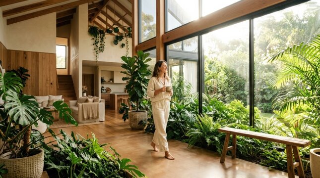 Person walking through a lush plant-filled modern interior with high ceilings and expansive glass, cinematic architectural lifestyle photography, strong backlight, rich greens, warm wood and cream