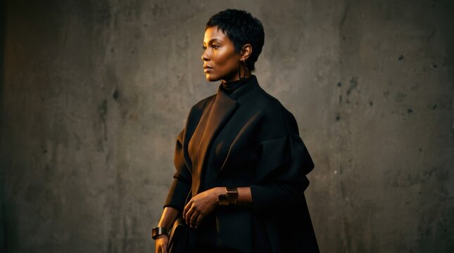 Confident woman in dark sculptural clothing posed in warm amber side light, cinematic fashion portrait with deep black shadows and bronze skin tones, short dark hair, strong profile, textured neutral