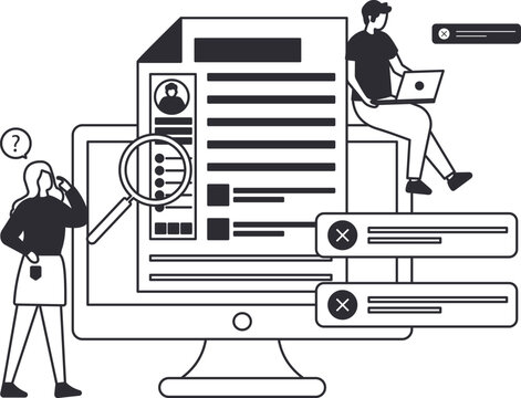 Human resources manager reviewing online resume for candidate selection. Recruitment process with job search talent acquisition employee hiring staffing agency and application rejection.