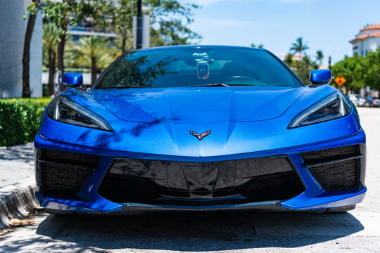 Miami, Florida, USA - May 18, 2025: Luxury sport car Chevrolet Corvette. Car Chevrolet Corvette parked outdoor. Blue Chevy Stingray, front view. Chevrolet Corvette C8 Stingray 2020 sports car.