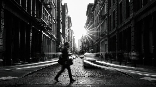 Blurred lone pedestrian moving through a high-contrast black-and-white city street, bright sunburst between dark buildings, long exposure photography, dramatic streaks of light, strong silhouettes,