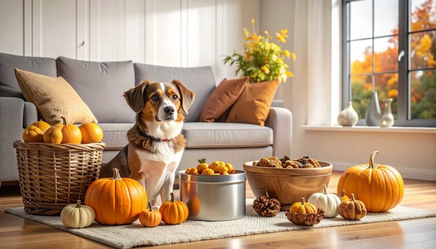 A cute beagle-mix dog sitting on a rug in a cozy living room decorated for autumn and Thanksgiving, surrounded by festive pumpkins, a wicker basket, small gourds, and bowls of seasonal treadog and cat