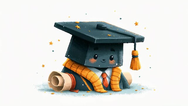 Adorable animated character wearing a graduation mortarboard, academic gown, and scarf, happily holding a diploma scroll and isolated on a clean white background with sparkling stars