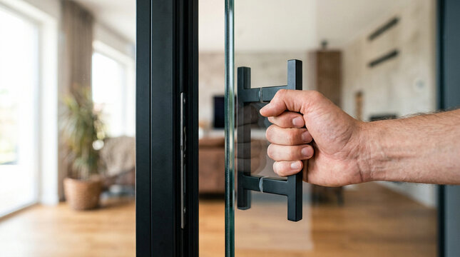 Close up of a hand opening a modern black handle on a glass door