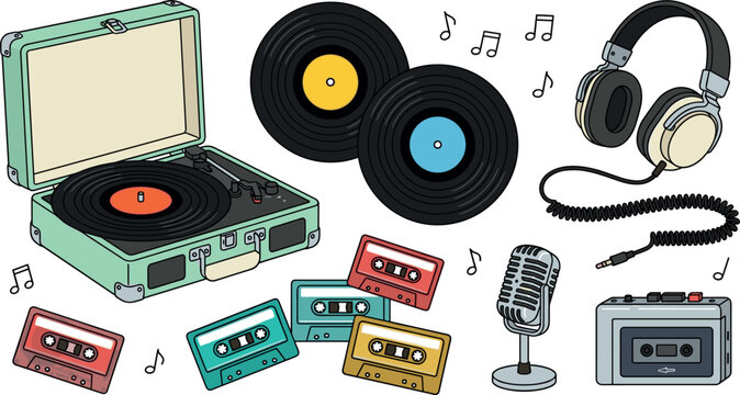 Retro Audio Equipment Vinyl Record Player Cassette Tapes and Headphone Vector Elements Set for Music Design