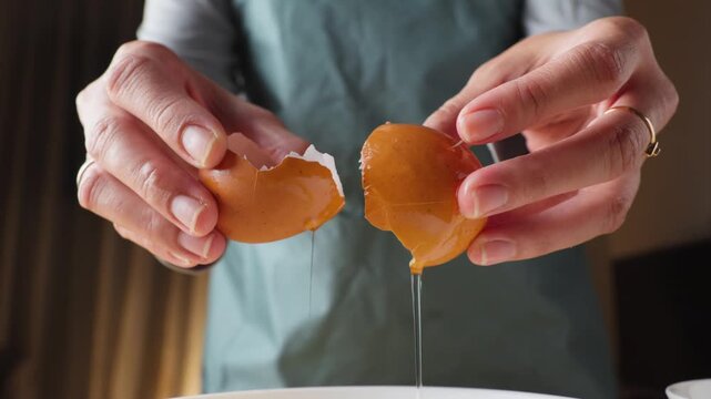 Person cracking a fresh egg and separating yolk and white egg