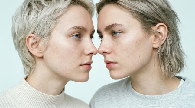 Two androgynous young adults in extreme close-up with noses nearly touching, pale skin and light-colored eyes, minimalist editorial beauty photography, cool mint-white background, soft diffuse light,