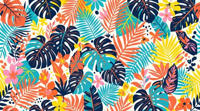 Vibrant tropical leaf pattern filled with coral orange turquoise blue yellow pink and deep navy foliage, flat vector illustration, dense overlapping botanical shapes, clean edges, high-energy summer