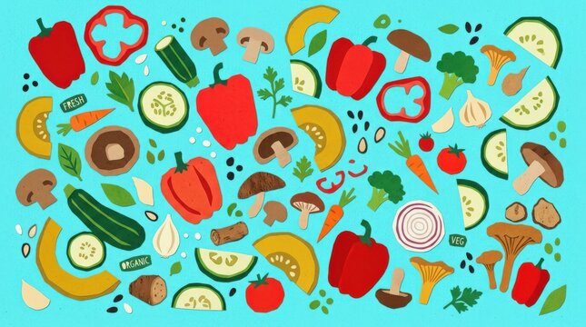 Floating vegetables, mushrooms and organic food shapes scattered across a bright aqua background, playful flat collage illustration, red pepper, green zucchini, yellow squash and earthy brown pieces,