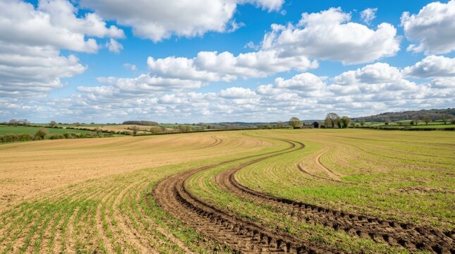 Open rural field with curved tractor tracks beneath a vivid blue sky filled with fluffy white clouds, landscape photography, warm tan soil and soft green vegetation, expansive negative space, bright